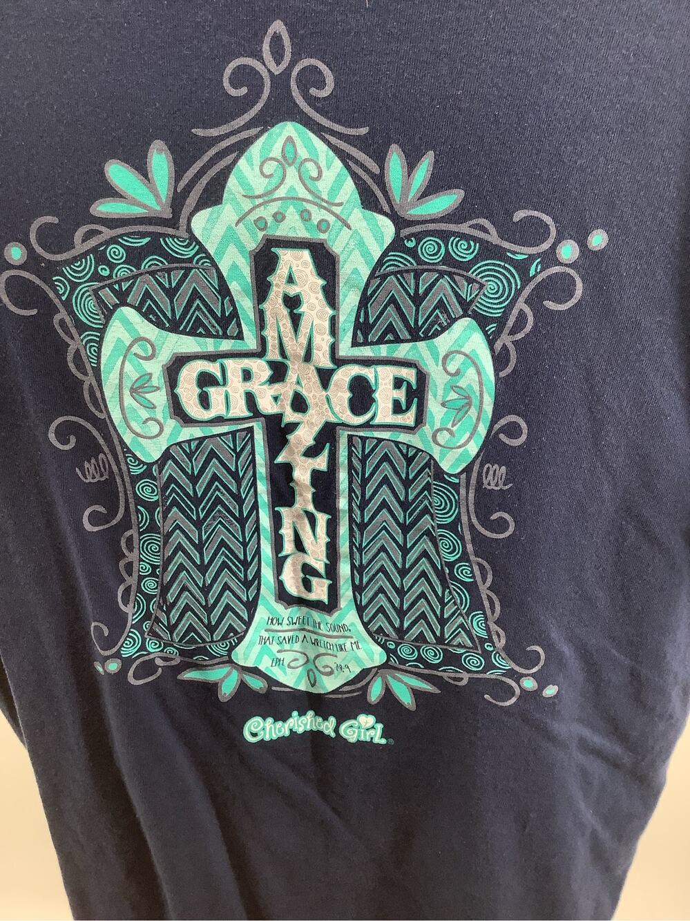 Cherished Girl Amazing Grace Cross Graphic T Shirt Navy XL Christian Faith 23x29